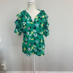 Banana Republic Green Floral Blouse with Ruffle Sleeves